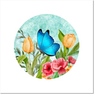 Blue butterfly flying in a garden Posters and Art